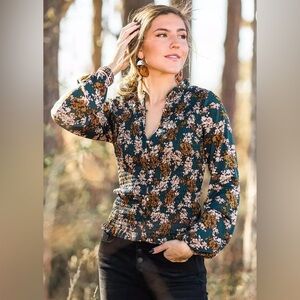 Gimmicks by BKE Floral Smocked Blouse in Teal and Brown